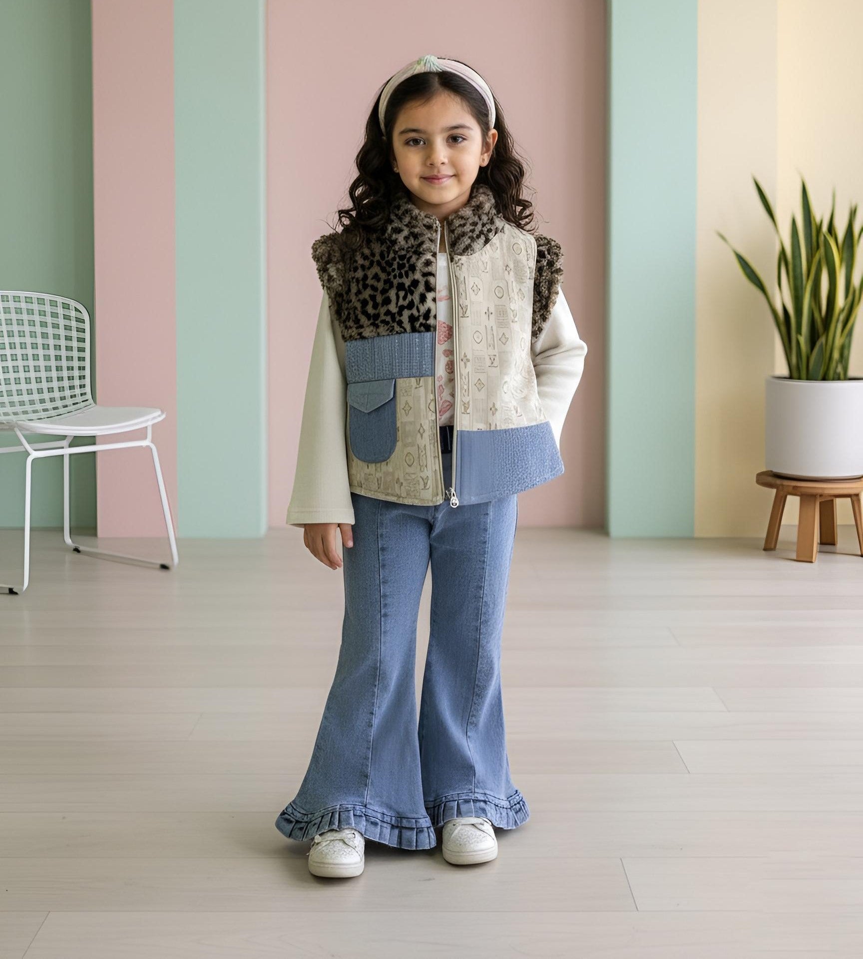 🧥 Imported Jacquard with Cheetah Fur & Denim Pant 3PCS 👖✨